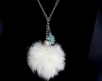 Fluffy pompom necklace with soft genuine rabbit fur | White fur, silver blue snowflake | Hand made | Gift Idea | For her