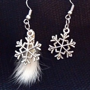 Snowflakes and fur earrings | Silver white fur | Hand made | Gift Idea | For her |