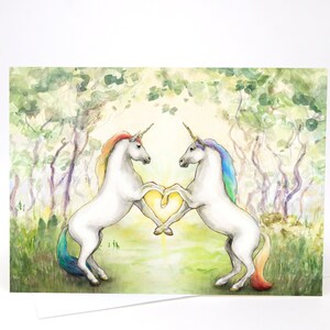 Carte licornes arc-en-ciel - carte pour partenaire - mariage, fiançailles, anniversaire - sans plastique - 17 x 20 cm - licornes dans un pré