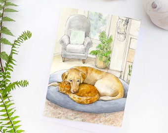 Missing you card / Thinking of you animal greeting card / 'Better Together' cat and dog animal friends / eco friendly 5"x7" blank inside