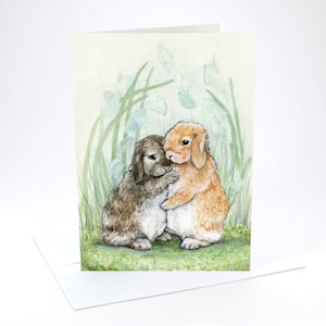 Biglietto abbraccio coniglietto, 5"x7", biglietto di condoglianze, biglietto di amicizia coniglietti, biglietto di condoglianze conigli, interno bianco ecologico