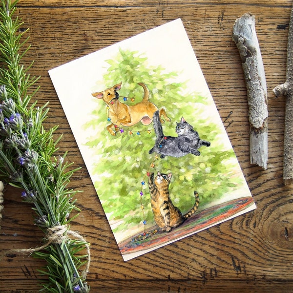 Happy pets Christmas Card, 5"x7" Holiday card , Eco friendly greeting, cat and dog friends watercolour art, Canadian illustration.