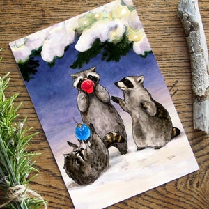Weihnachtskarte, Grußkarte mit Waschbären-Motiv, 13x18cm, Innenseite blanko, wunderliche Wintertiere, verspielte kanadische Tiere