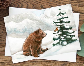 Bear and Squirrel Christmas Card, Eco friendly holiday card  5"x7", Winter woodland animal friends art, Canadian illustrated watercolor card