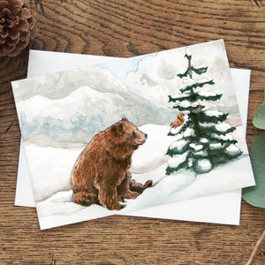 Carte de Noël ours et écureuil, carte de vœux respectueuse de l'environnement 5 "x 7", art hiver amis animaux des bois, carte aquarelle illustrée canadienne