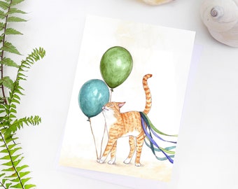 Cat birthday card, 5"x7", blank inside eco friendly. Purrfect Day ginger kitty with balloons greeting, kindness cards, watercolour art
