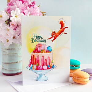 Carte d'anniversaire écureuil, carte de voeux écologique illustrée d'animaux mignons 5 x 7 pouces, carte d'anniversaire animal drôle, écureuil avec gâteau d'anniversaire