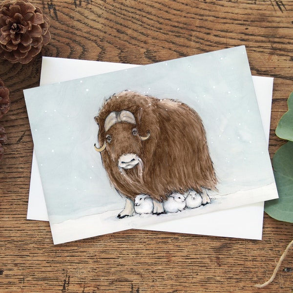 Musk Ox Christmas card 5"x7" - 'Hinterland' Holiday card with Musk Ox and arctic hares - blank note card - Watercolour art card Canada