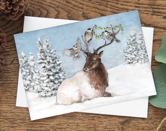 Jays and elk Christmas card 5"x7" - 'Putting up the Decorations' blank Christmas card -  plastic free and environmentally friendly