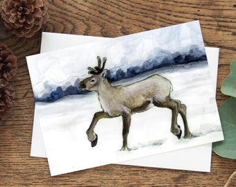 Caribou Christmas card - Reindeer holiday card - 5"x7" blank inside - northern animal winter note card - eco friendly card - tundra art