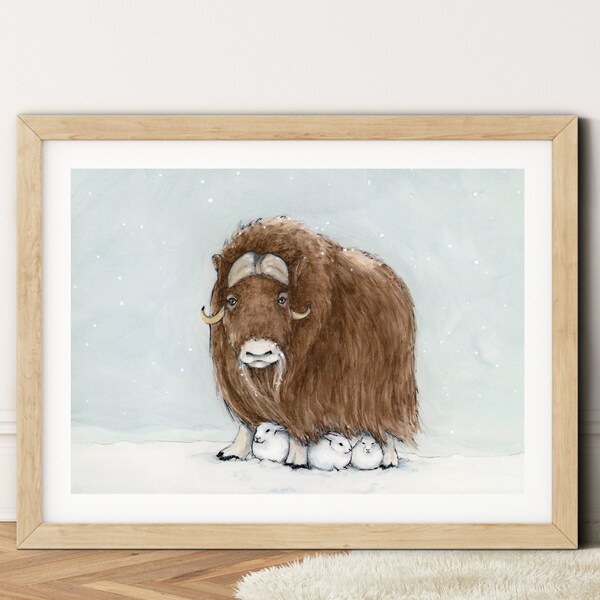 Musk Ox print, Musk Ox poster, Winter artwork, Snowy Northern animals of Canada poster, arctic hare tundra watercolour, Musk Ox art 12"x16"