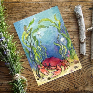 Carte d'anniversaire crabe, carte du zodiaque Cancer, carte écologique pour toutes les occasions, 5 x 7 po. vierge à l'intérieur, aquarelle de crabe rouge, « Pinch Me »