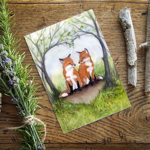 Fox card for partner -  5" x 7" blank inside - plastic free - watercolour art greeting - Two red foxes in heart