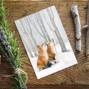 Fox Christmas Card, blank greeting card 5x7, Holiday note card with snow falling on red foxes watercolor illustration