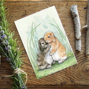 Just because card, bunny hug card, I love you card, Bunnies friendship card, Missing you card, Cuddle greeting card, hugging rabbits art