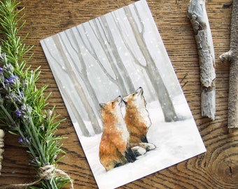 Fox Christmas Card, Watercolour Winter Forest Scene 5"x7", blank inside
