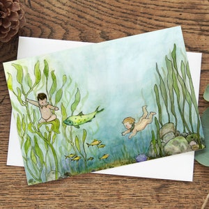 Carte de voeux Water Babies, écologique 5 x 7 pouces, peinture aquatique Water Baby, joli art de l'océan, bébés nageurs