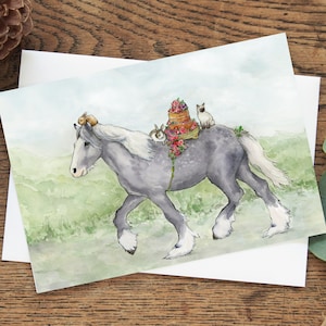 Carte d'anniversaire poney, carte écologique de 5 x 7 pouces, carte d'anniversaire poney avec amis chaton et lapin, anniversaire de filles, carte d'art livraison de gâteau