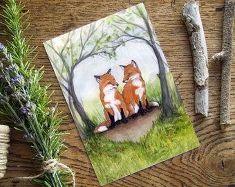 Fox card for partner -  5" x 7" blank inside - plastic free - watercolour art greeting - Two red foxes in heart