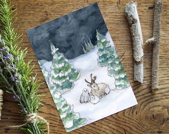 Winter Solstice greeting card, Woodland holiday card, blank card 5x7, Caribou, winter ptarmigan, arctic hare, and winter wren cuddling