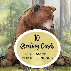 Animal greeting cards set 10, Blank cards with envelope, 5"x7", Mix and Match card pack, Eco friendly cute animal art cards, birthday cards