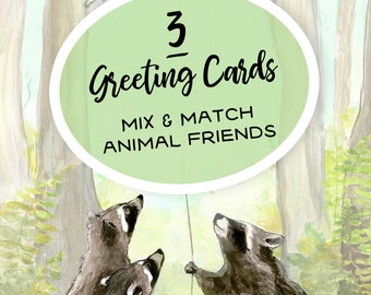 Assorted Greeting Cards, 3 Animal art cards for all occasions, blank inside with envelopes 5x7", mix and match birthday card set