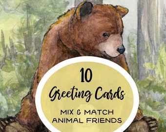 Animal greeting cards set 10, Blank cards with envelope, 5"x7", Mix and Match card pack, Eco friendly cute animal art cards, birthday cards