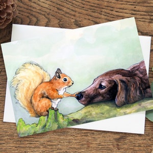 Get Well card, Thinking of You card, Sympathy Card, Squirrel and Dog unusual animal friends painting, eco friendly 5x7 card, watercolour art