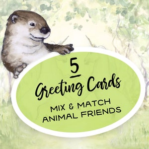Conjunto de cartões de 5 saudações de animais - para todas as ocasiões - misture e combine cartões de 5 "x7" em branco dentro com envelopes, arte colorida em aquarela