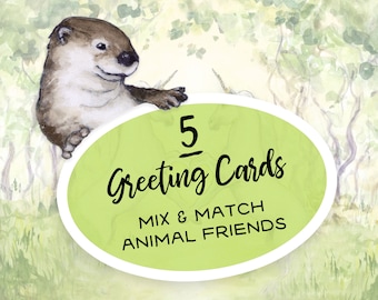 Card set of 5 - All occasion cards - mix and match cards - sweet animal cards - 5"x7" blank inside with envelopes, colorful watercolour art