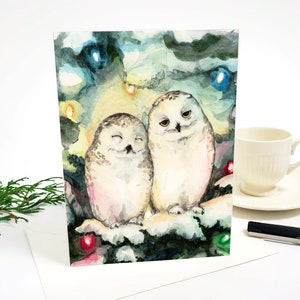 Carte de Noël Harfang des neiges, carte de voeux vierge 5 x 7, Deux hiboux avec illustration aquarelle de lumières de Noël, carte de correspondance hibou respectueux de l'environnement