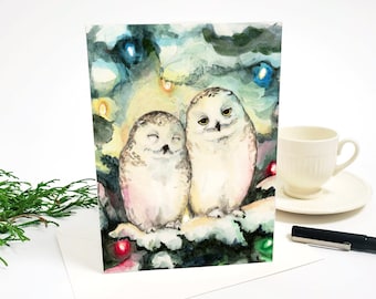 Snowy Owls Christmas Card, blank greeting card 5x7, Two Owls with Christmas lights watercolour illustration, eco friendly owl note card