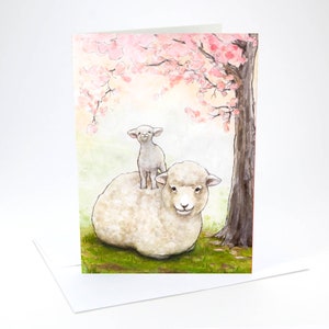 Lamb & cherry blossoms springtime greeting card, Easter card, Baby shower card, 5"x7 plastic free greeting card, blank inside.