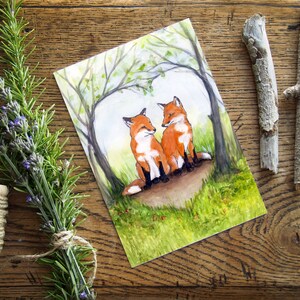 Carte renard pour partenaire - 5 x 7 pouces à l'intérieur - sans plastique - voeux d'art à l'aquarelle - Deux renards roux en coeur