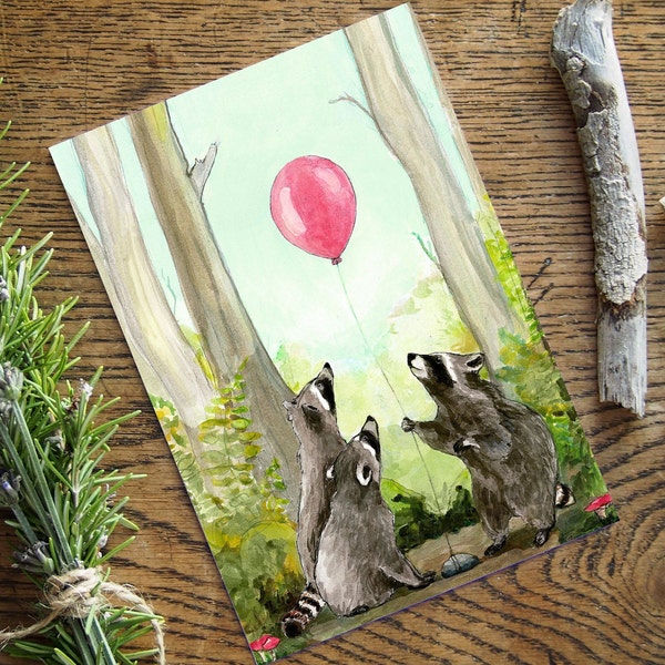 Carte d'anniversaire de raton laveur - carte de voeux de raton laveur - art de raton laveur « Party Animals » - carte respectueuse de l'environnement - 5 "x 7" sans texte - animaux canadiens