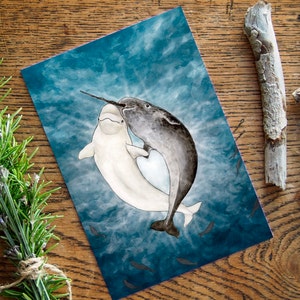 Beluga Narwhal card - card for friend - card for partner - weddings engagements anniversaries - eco-friendly blank inside 5x7