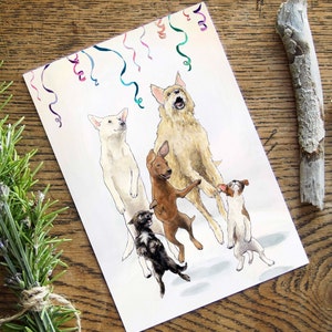 Carte d'anniversaire pour parent de chien, 5 x 7 pouces, carte de voeux d'anniversaire pour animal de compagnie, écologique, vierge à l'intérieur, chiens dansants