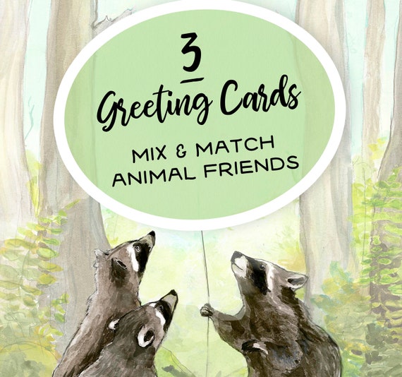 Greeting card pack of 3, Animal art cards for all occasions, blank inside with envelopes 5x7", mix and match birthday card set