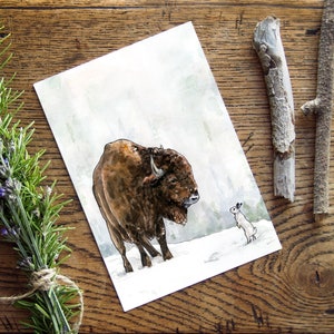 Biglietto di Natale bisonte, biglietto di auguri 5"x7" con bufalo e lepre scarpa da neve, auguri ecologici, arte acquerello di amici animali, immagine artica