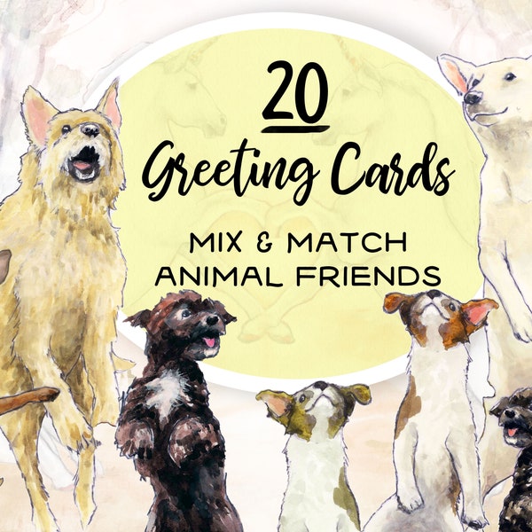 Animal greeting card set 20 - You choose! Assorted bulk all occasion cards, 5"x 7" sustainable paper, nature and animals watercolors