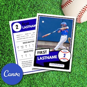May include: Baseball trading cards showing a player in a blue and white uniform swinging a bat. The cards include player stats, a team name, and the text "2025". A baseball is in the background.