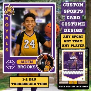 Pode incluir: Um design de cartão esportivo personalizado com moldura roxa e amarela e o logotipo Royals. O cartão exibe um jogador de basquete com camisa amarela número 24, o nome Jaden Brooks e um verso com estatísticas detalhadas.