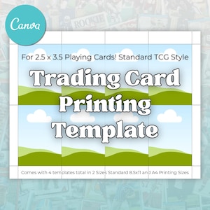 Könnte beinhalten: Eine weiße Vorlage für den Sammelkarten-Druck, mit einem Design aus blauem Himmel und grünen Hügeln. Die Vorlage ist für Spielkarten im Format 6,35 cm x 8,89 cm konzipiert und enthält den Text "Trading Card Printing Template".