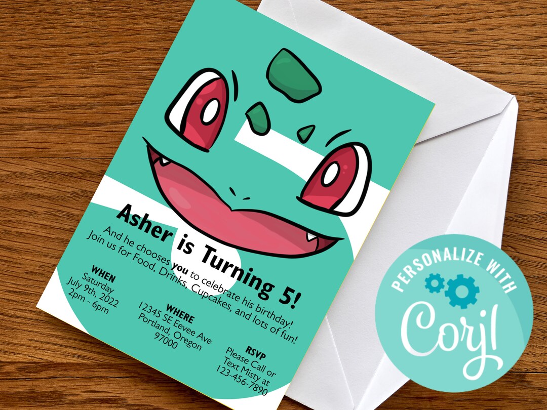 Bulbasaur Simple Birthday Invitation Printable Editable Template Trough ...