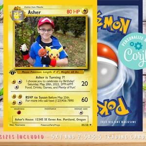 Convite de aniversário de cartão Pokémon com foto, modelo editável para impressão, Corjl, convite de aniversário digital ou impresso