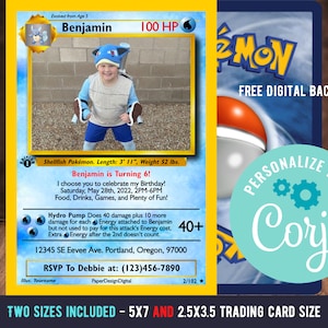 Pokemone Card Birthday Invitation with Picture Photo Printable Editable Template Corjl Digital or Printed Birthday Invitation