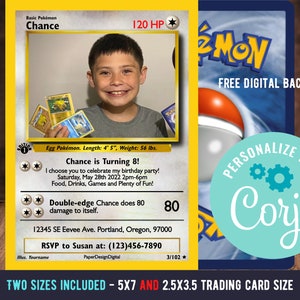 Pokemone Card Birthday Invitation with Picture Photo Printable Editable Template Corjl Digital or Printed Birthday Invitation