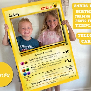 May include: A yellow birthday photo frame in the style of a trading card, with the name "Audrey" at the top. The frame is 24x36 inches and features text that reads "Level 6" and "The Birthday Star". Two children are holding the frame.