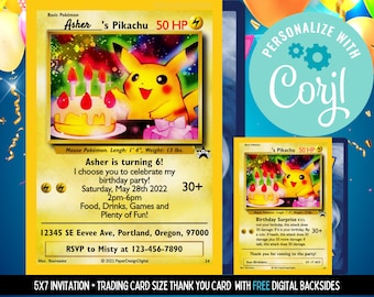 Custom Birthday Pokemone Card Birthday Invitation Printable Editable Template Corjl Digital or Printed Birthday Invitation Pokemone Card