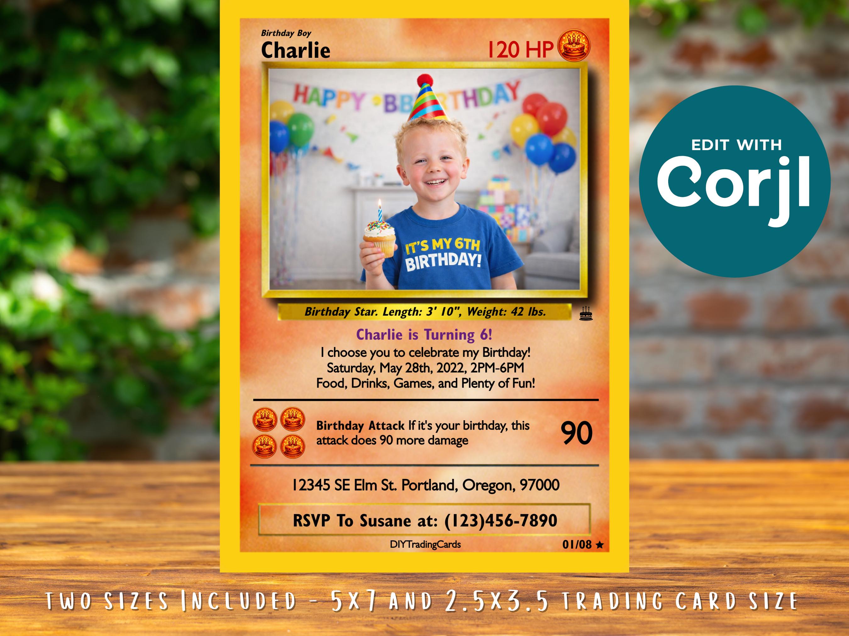 Invito di compleanno con carta collezionabile e immagine / Modello Corjl modificabile / Invito digitale stampabile